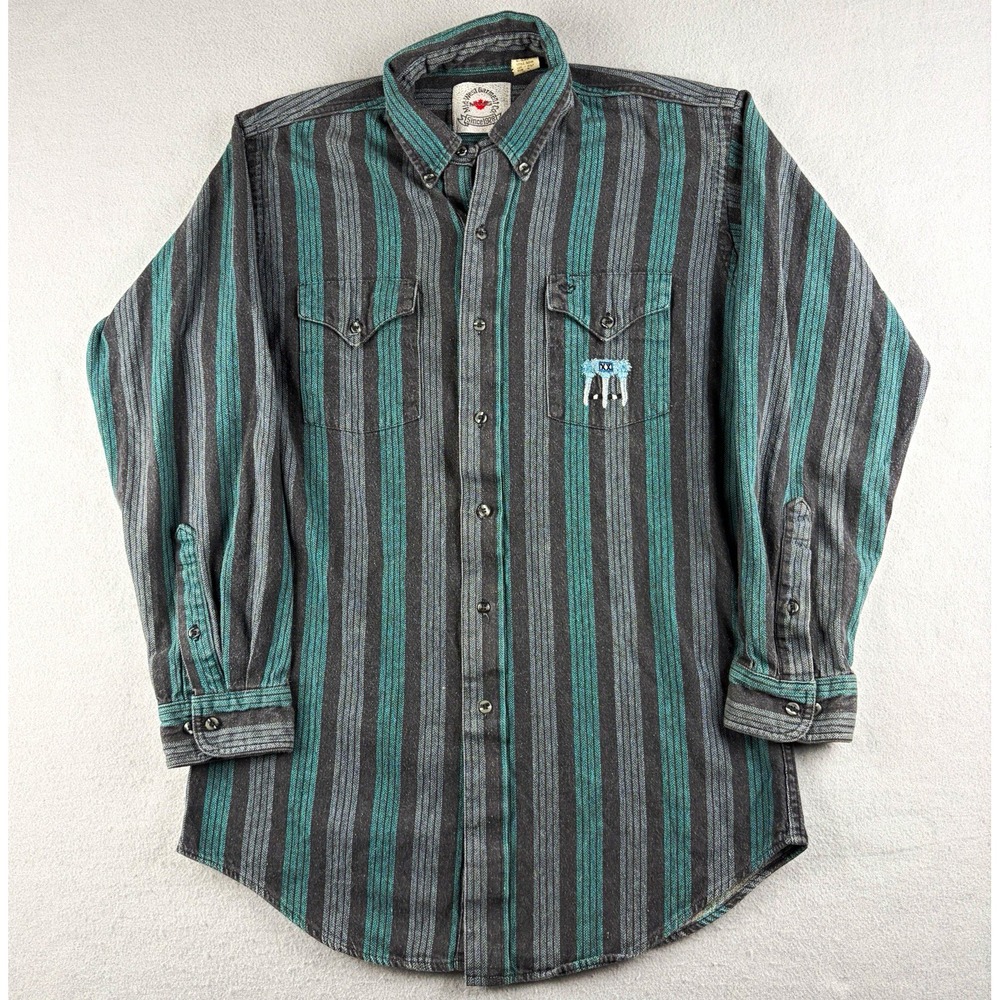 Vintage Mid West Garment Co Western Shirt Men's M Black Teal Stripe Canada